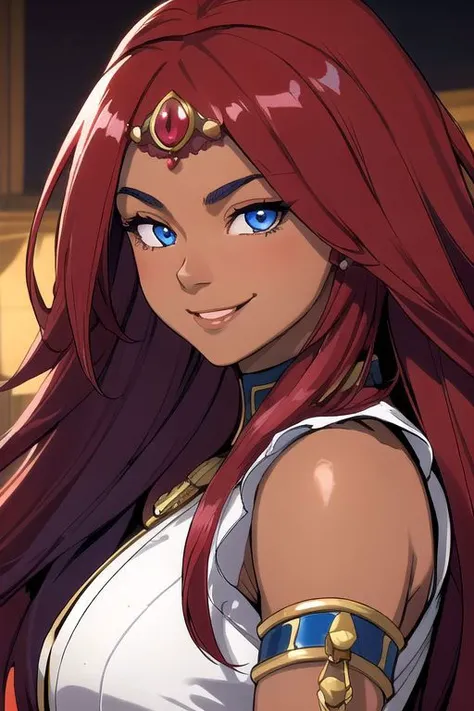 best quality, exceptional quality face, 1girl, dark skin and very muscular Egyptian-Japanese with blue eyes and absurdly long ruby red hair, smile