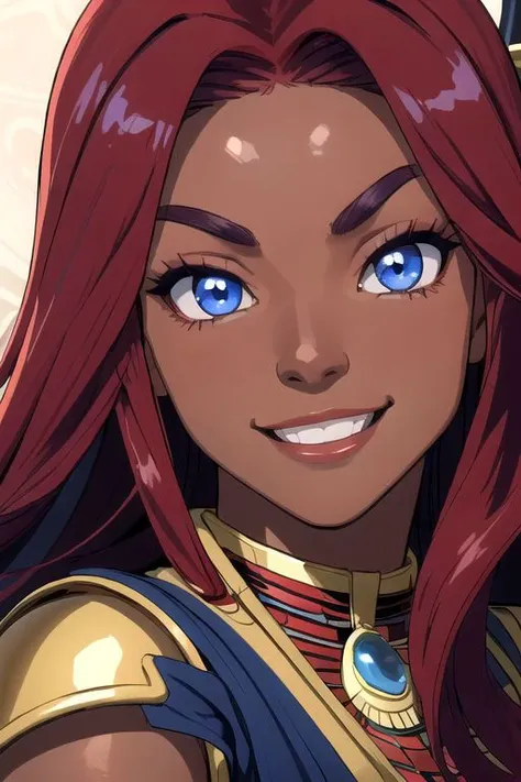 best quality, exceptional quality face, 1girl, dark skin and very muscular Egyptian-Japanese with blue eyes and absurdly long ruby red hair, smile