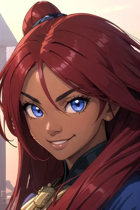 best quality, exceptional quality face, 1girl, dark skin and very muscular Egyptian-Japanese with blue eyes and absurdly long ruby red hair, smile