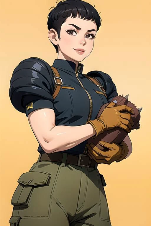 spiky bald hairstyle, short hair, mexican skin, gloves, uniform military, 1girl ,dark black hair, ((hair cut super short,)), soft Brown eyes, smile lips,