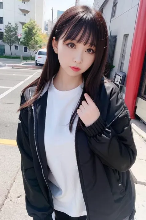 1girl, best quality, ultra high res, (photorealistic:1.4), black hair, bangs, (oversized black jacket), white shirt, looking_at_viewer. outdoor, busy street,upper body,