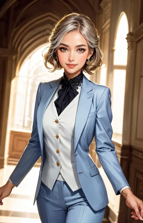 a ((mature female)), exuding timeless elegance in a tailored pantsuit, her silver waves arranged in a classic updo, enhanced by warm brown eyes and gracefully arched eyebrows, projecting timeless grace and confidence, closed mouth, light smile, 
masterpiec...