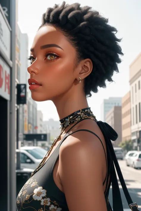 a portrait of a fashion-forward biracial woman, setting trends in the urban fashion scene, from side, 
masterpiece, best quality, intricate detail, high environment detail,