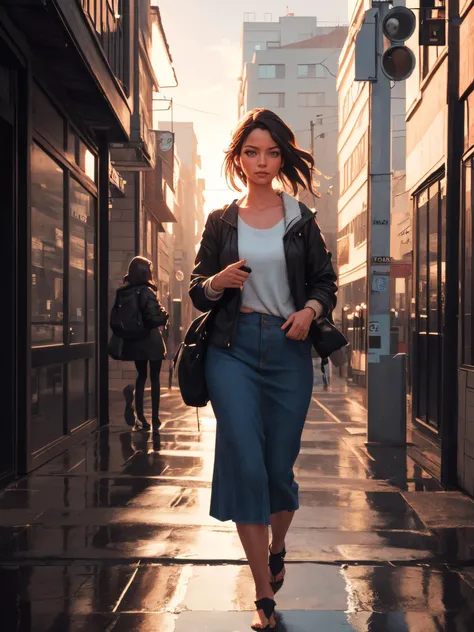 a woman walking in a serene cityscape at dawn, captured in ultra-photorealistic detail,