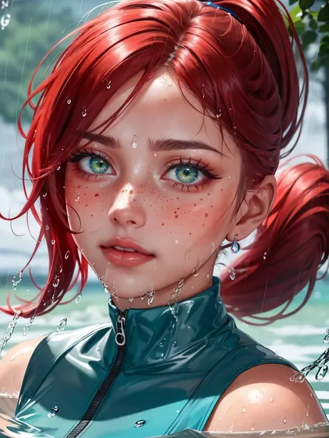 A Portrait of a womans face, water droplets on skin. Wet, Extreme fine detail of skin and water. She is beautiful with red hair and a spray of light freckles, green eyes. reflections visible in water. Hyper realism. Extreme perfection. 8k, realistic. As if...