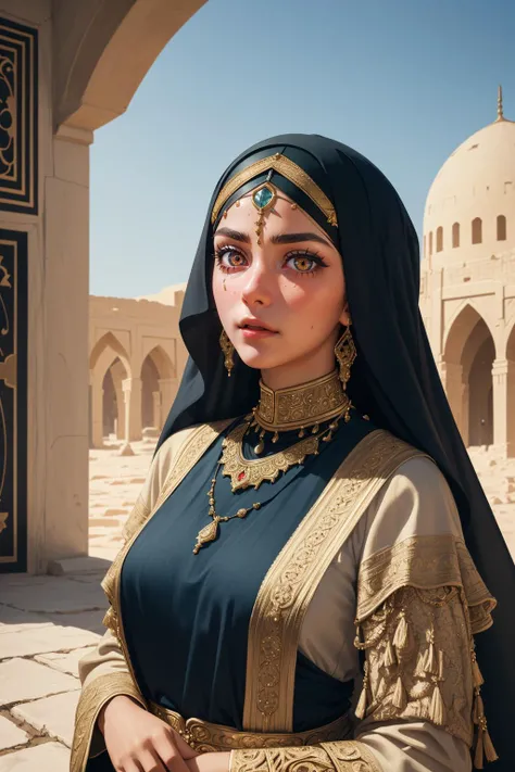 a portrait of a Middle Eastern woman, proud and empowered in her cultural identity, outdoors,  leaning on object, 
best quality, masterpiece, intricate detail, high environment detail,