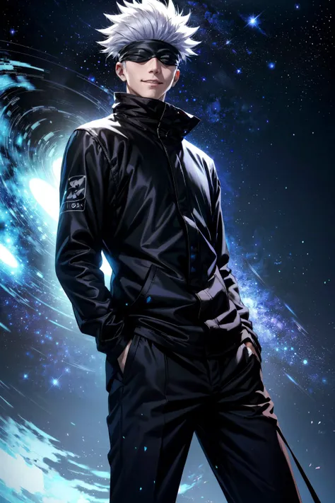 1boy,adult,satoru gojo,black blindfold,black jacket,white hair,looking at viewer,facing viewer,arrogant smile,(smile),particle effect around,space, stars, universe, colorful universe, galaxies,(from below),masterpiece,extremely detailed CG unity 8k wallpap...