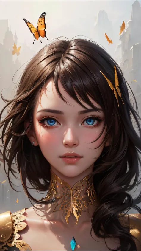 8k portrait of beautiful cyborg with brown hair, intricate, elegant, highly detailed, majestic, digital photography, art by artgerm and ruan jia and greg rutkowski surreal painting gold butterfly filigree, broken glass, (masterpiece, sidelighting, finely d...