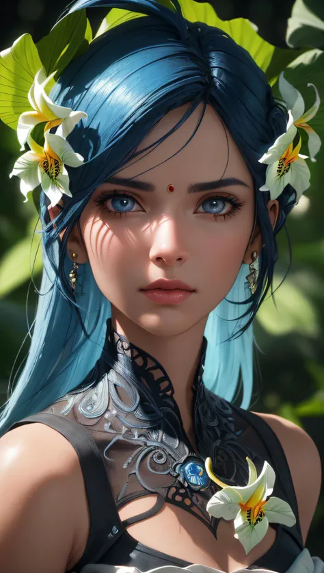 (best quality, masterpiece, perfect face, detailed simmetric iris, perfect smooth skin texture)fashion photography portrait of indian girl with blue hair, in lush jungle with flowers, 3d render, cgi, symetrical, octane render, 35mm, bokeh, 9:16, (intricate...