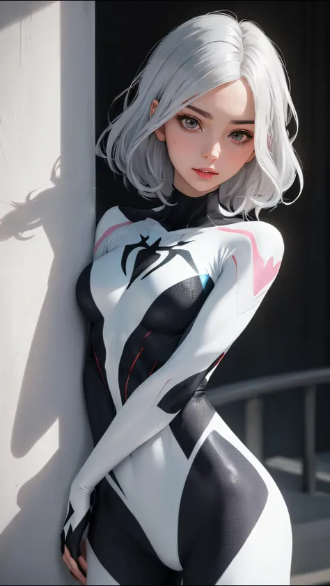 (best quality, masterpiece, perfect face) silver hair, 18 years old girl, medium tits,  spider gwen suit sexy cosplay, flirting on camera