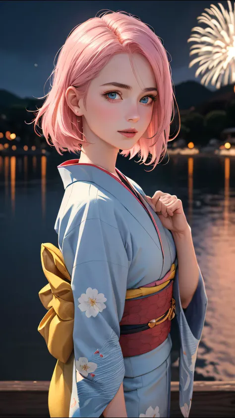 (ultra realistic, best quality, masterpiece, perfect face) pink hair, 18 years old girl, flirting on camera, in traditional japanese blue and gold kimono, detailed textures kimono, night, kyoto, fireworks