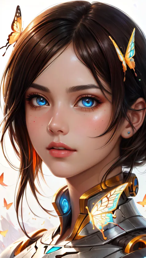 (Perfect face) 8k portrait of beautiful cyborg with brown hair, intricate, elegant, highly detailed, majestic, digital photography, art by artgerm and ruan jia and greg rutkowski surreal painting gold butterfly filigree, broken glass, (masterpiece, sidelig...