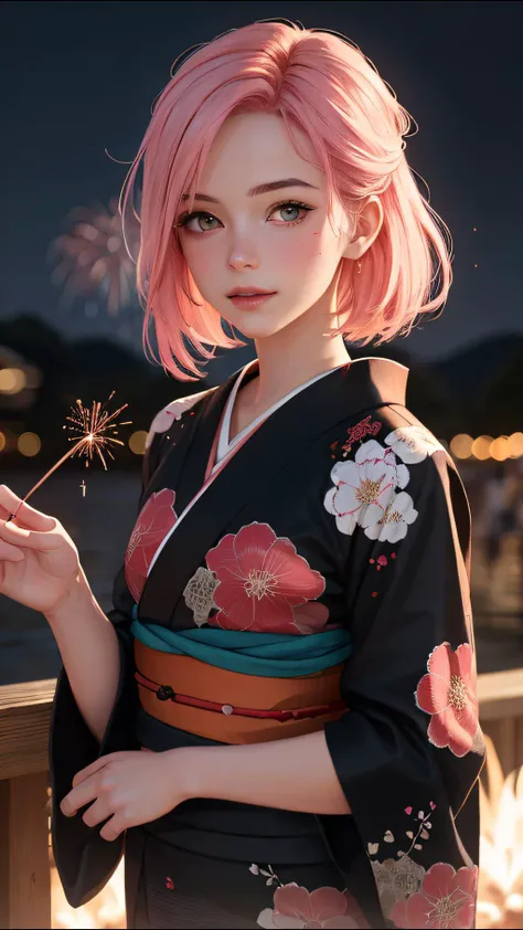 (ultra realistic, best quality, masterpiece, perfect face) pink hair, 18 years old girl, flirting on camera, in traditional japanese black and red kimono, detailed textures kimono, night, kyoto, fireworks