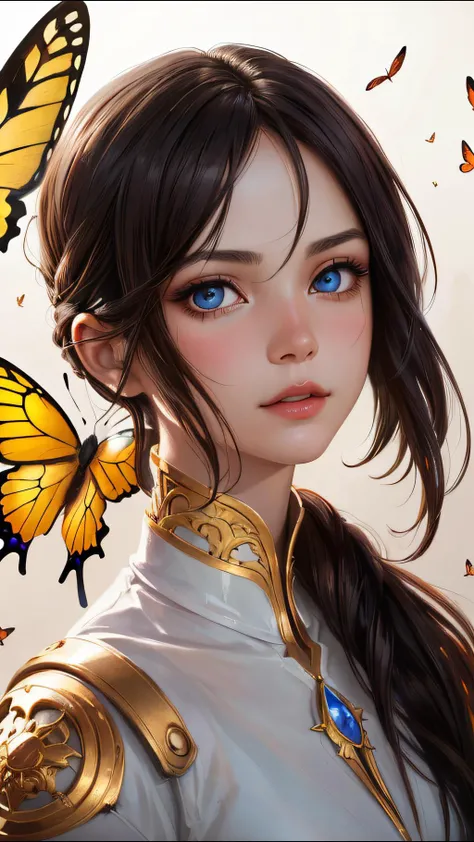 (Perfect face) 8k portrait of beautiful cyborg with brown hair, intricate, elegant, highly detailed, majestic, digital photography, art by artgerm and ruan jia and greg rutkowski surreal painting gold butterfly filigree, broken glass, (masterpiece, sidelig...