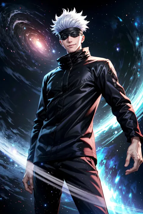 1boy,adult,satoru gojo,black blindfold,black jacket,white hair,looking at viewer,facing viewer,arrogant smile,(smile),particle effect around,(black hole),space, stars, universe, colorful universe, galaxies,(from below),masterpiece,extremely detailed CG uni...