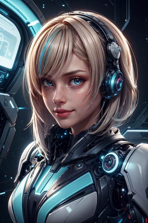 a woman in a futuristic suit with headphones and a clock