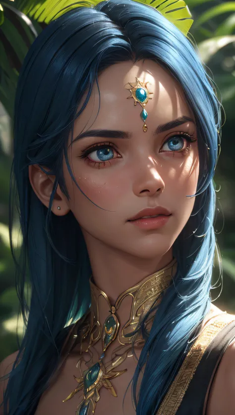 (best quality, masterpiece, perfect face, detailed simmetric eyes, perfect smooth skin texture), fashion photography portrait of indian girl with blue hair, in lush jungle with flowers, 3d render, cgi, symetrical, octane render, 35mm, bokeh, 9:16, (intrica...