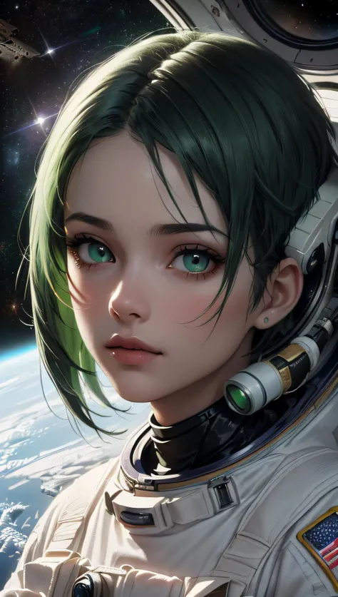 (best quality, masterpiece, perfect face, detailed simmetric eyes), green hair, 18 years old girl, medium tits, astronaut on space, high contrast colors, (hi-top fade:1.3), dark theme, soothing tones, muted colors, high contrast, (perfect smooth skin textu...