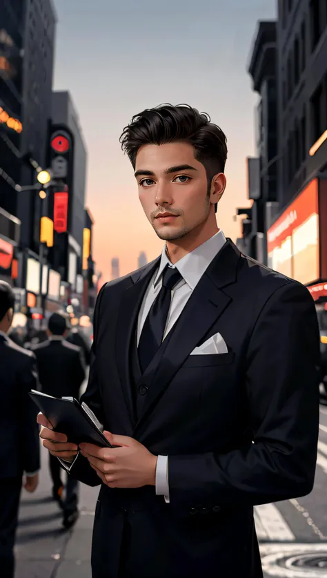 (best quality, masterpiece, hyper realistic) 1 elegant business man, photography, man in New York city, ultra high details, dim light, dawn, bokeh background, perfect night