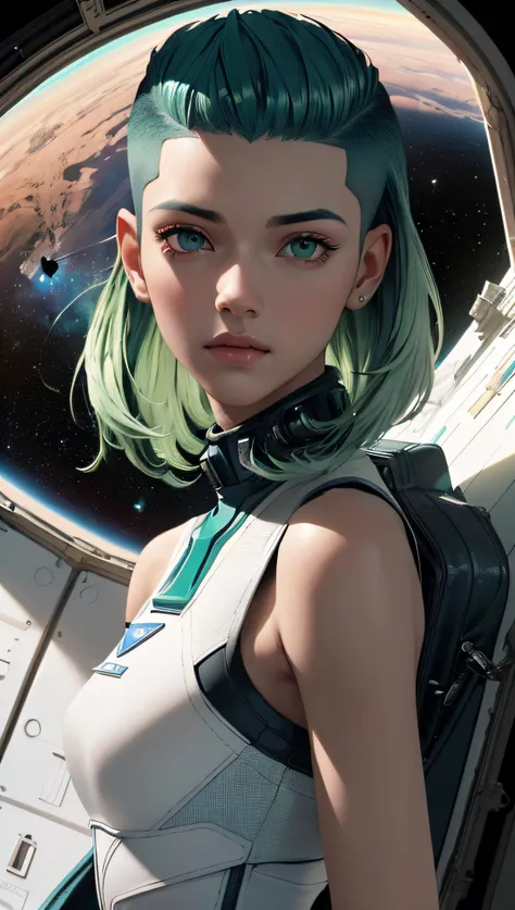 (best quality, masterpiece, perfect face, detailed simmetric iris, perfect smooth skin texture), epic realistic, long green hair, 18 years old girl, medium tits, astronaut on space,  high contrast colors, (hi-top fade:1.3), dark theme, soothing tones, mute...