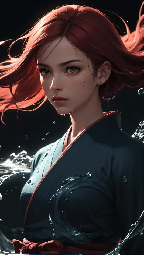 (best quality, masterpiece, perfect face, detailed simmetric eyes, perfect smooth skin texture), epic realistic, (close up), 1girl, floating red_hair, long hair, (water:0.7), waterdrop, wet, holding_katana, blue_kimono with pattern, ultra detailed, (textur...