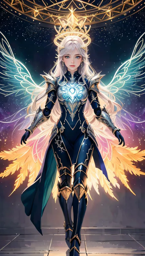 (best quality, masterpiece, colorful, dynamic angle, highest detailed)upper body photo, full body photo, fashion photography of cute mechangel, glowing 4 wings, solo, glowing armor, glowing halo, building, glowing mechanical 4 wings (intricate details, hyp...