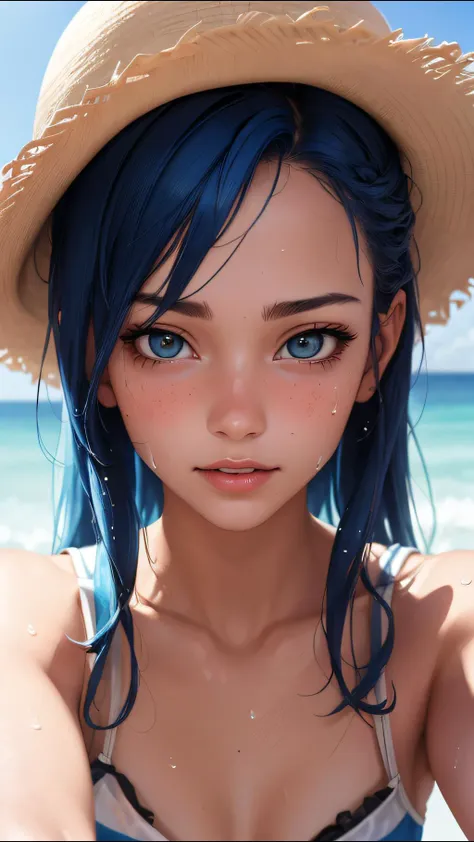 a close up of a woman with blue hair wearing a hat