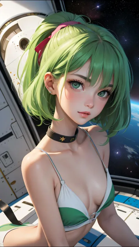 a woman in a bikini top and green hair in a space station