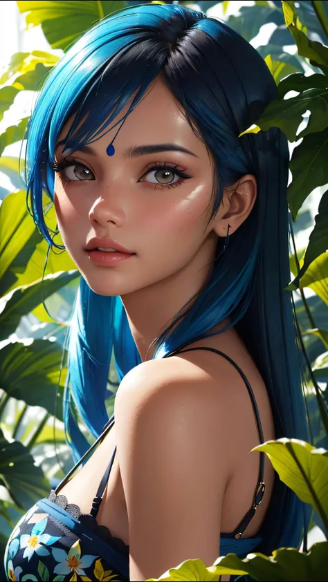 a woman with blue hair and blue eyes posing in a jungle