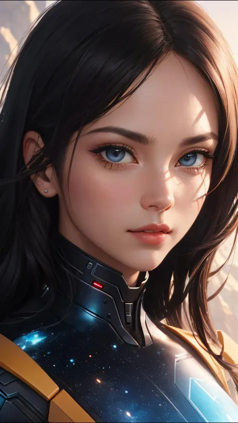 a woman with long hair and blue eyes in a futuristic suit