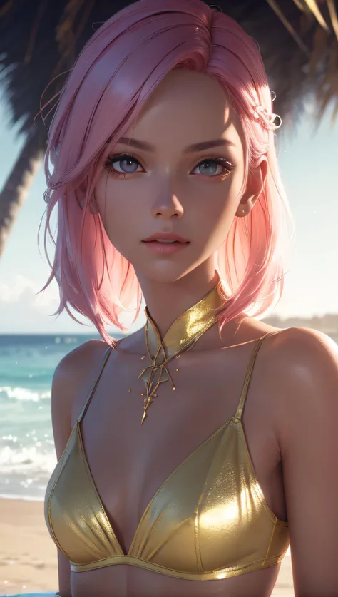 a woman with pink hair and a gold bikini top on a beach