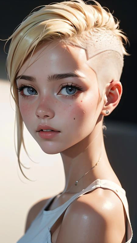 a close up of a woman with a very short blond hair