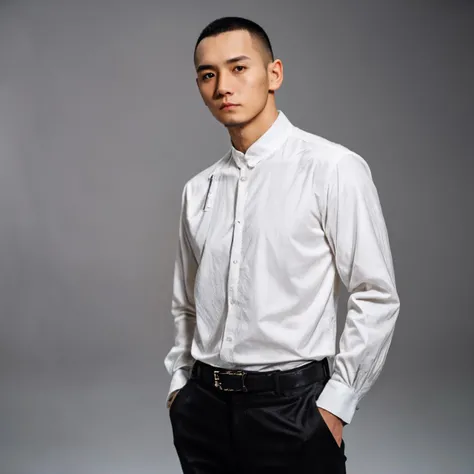 boy01, photographed on a Nikon Z7 II Mirrorless Camera,120mm F/4 wide-angle
best quality, masterpiece, ultra detailed, cowboy shot, 1boy, black eyes, facial hair, grey background, hands in pockets, lips, long sleeves, male focus, pants, realistic, shirt, s...