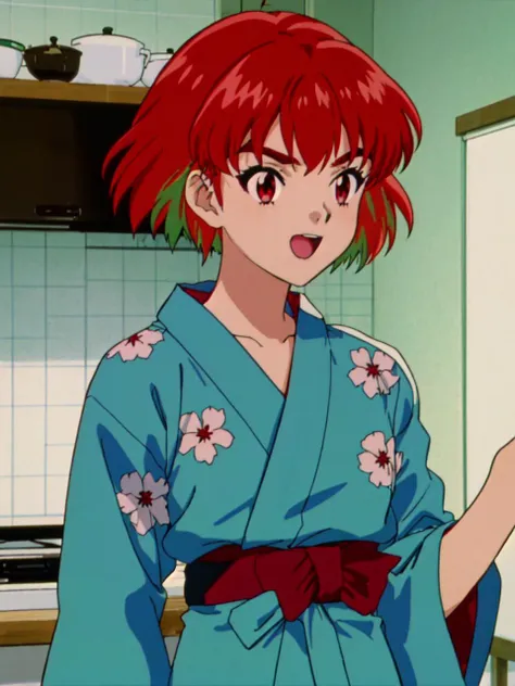 anime girl in blue kimono with red hair and a red sash