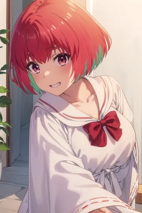 kanafujii, <lora:kana fujii s1-lora-nochekaiser:1>,
kana fujii, short hair, bangs, (red eyes:1.3), ahoge, red hair, multicolored hair, green hair, two-tone hair, thick eyebrows, grin,
BREAK bow, bowtie, red bow, red footwear, red bowtie, robe, (white robe:...