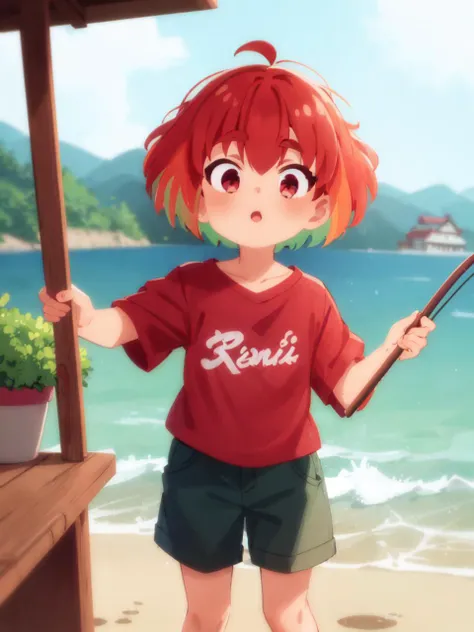 anime girl with red hair holding a stick on the beach