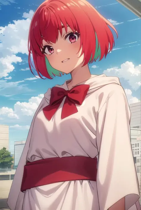 kanafujii, <lora:kana fujii s1-lora-nochekaiser:1>,
kana fujii, short hair, bangs, (red eyes:1.3), ahoge, red hair, multicolored hair, green hair, two-tone hair, thick eyebrows, grin,
BREAK bow, bowtie, red bow, red footwear, red bowtie, robe, (white robe:...