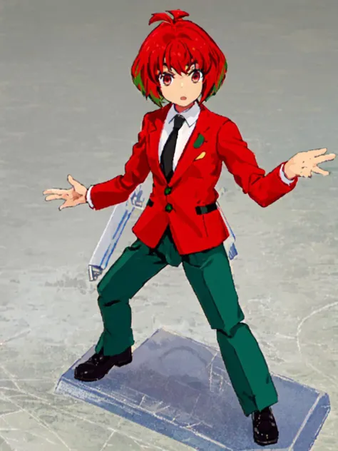 anime figure of a man in a red jacket and green pants