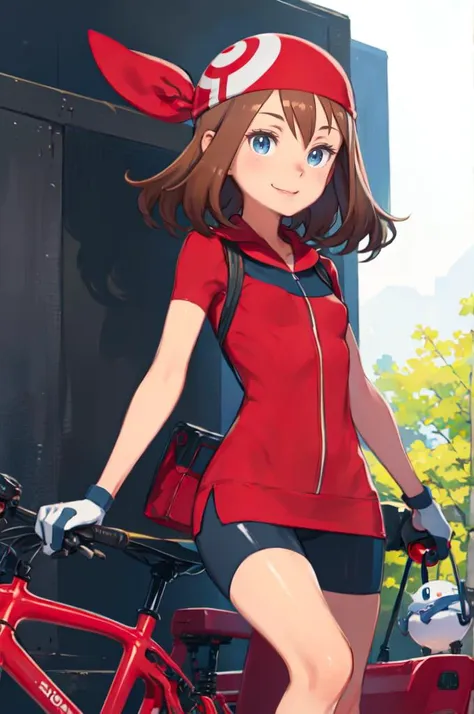 a woman in a red jacket and black shorts standing next to a red bicycle