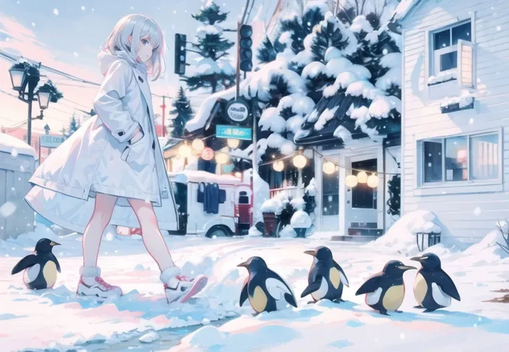 A girl was walking on the road,snow,Movie light,Whole body,white coat,Fantasy,penguin,Lightness contrast,Absurd,(masterpiece),(high quality),best quality,real,(realistic),super detailed,(full detail),(4k),8k,