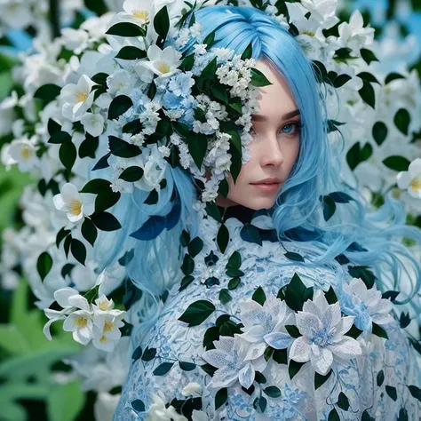 fashion photography portrait of blue human avatar,in blue lush jungle with flowers and birds,3d render,cgi,symetrical,octane render,35mm,bokeh,9:16,(intricate details:1.12),hdr,(intricate details, hyperdetailed:1.15),(natural skin texture, hyperrealism, so...