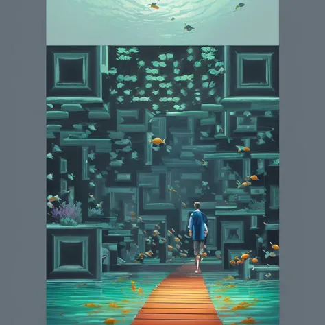 A young man strolling down a path, accompanied by a school of colorful fish swimming around him. Serene, tranquil, highly detailed, digital painting, nature, surreal