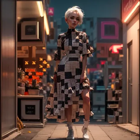 1girl , 8k , White hair , Asymmetrical haircut , neon lights, Lean body type , full body , best lighting ,RAW photo , best quality , masterpiece , cute , [25+ years old:0.8] [25+ years old:0.8]<lora:add_detail:0.5>, checkered dress