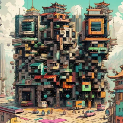 ((masterpice, best quality)), illustration world asian inspired art with a (city and many object), cartoon style, in the style of playfully intricate, abstractions, (colorful), an energetic and chaotic style, modern futuristic,   <lora:Dreampunk:0.7>, <lor...