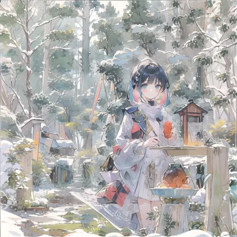 1girl, cinematic lighting, centered, (colorful), watercolor, high contrast, Mesh top and leather skirt, Pixie cut with side-swept bangs hairstyle, A cozy, rustic log cabin in a snowy forest, <lora:Colorwater_v4:0.4>, <lora:tachi-e:0.8>, (masterpiece, top q...