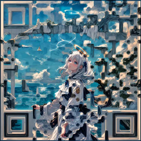 cloud, 1girl, sky, water, ocean, cloudy sky, blue eyes, blue sky, halo, window, solo, white hair, horizon, planet, constellation, day <lora:more_details:1>