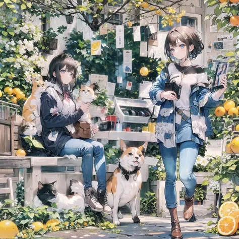 (1girl:1.6), full body, Cardigan and jeans, BREAK, A bright and sunny citrus grove, cute animals,, (masterpiece, top quality, best quality, official art, beautiful and aesthetic:1.3), extreme detailed,highest detailed,(ultra-detailed),((an extremely delica...