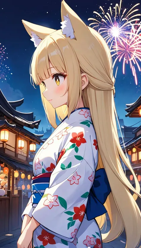 a close up of a woman in a kimono outfit with fireworks in the background