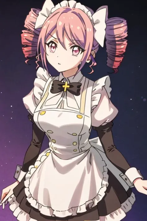 best quality, masterpiece, highres, solo, {maid:1.40}, {long maid dress:1.15}, {pino_jashinchandropkick:1.15}, drill_hair, pink_hair, twin_drills, ribbon, twintails, hair_ribbon, cross, pink_eyes