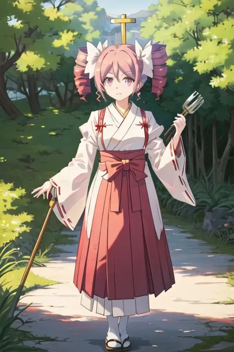 best quality, masterpiece, highres, solo, {white kimono:1.35}, {red hakama:1.35}, {wide sleeves:1.20}, {pino_jashinchandropkick:1.15}, drill_hair, pink_hair, twin_drills, ribbon, twintails, hair_ribbon, cross, pink_eyes